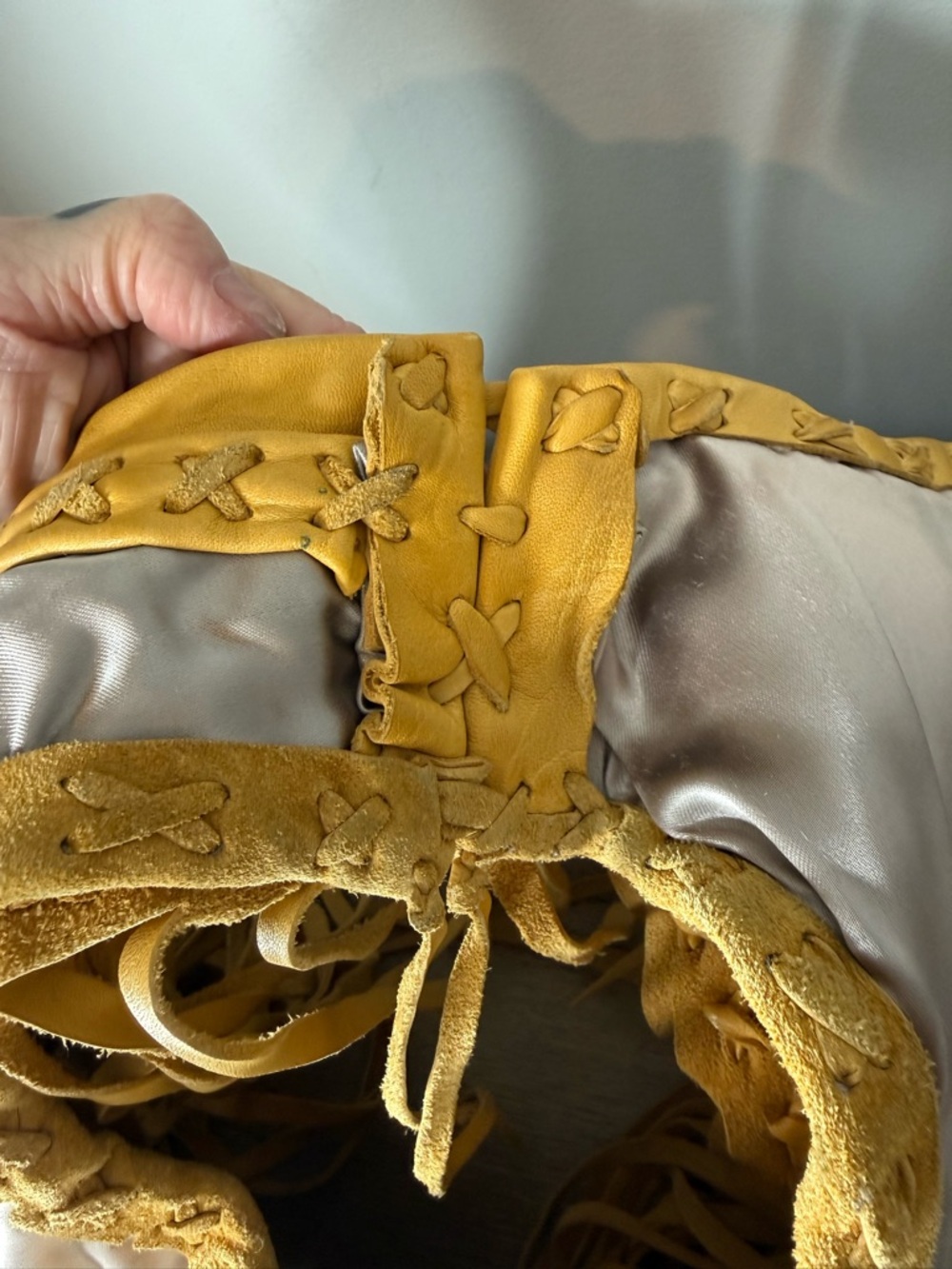 Vintage Yellow Tan Leather Suede Crop Vest Fringe Braided Seams Boho Lined Small - Picture 12 of 16